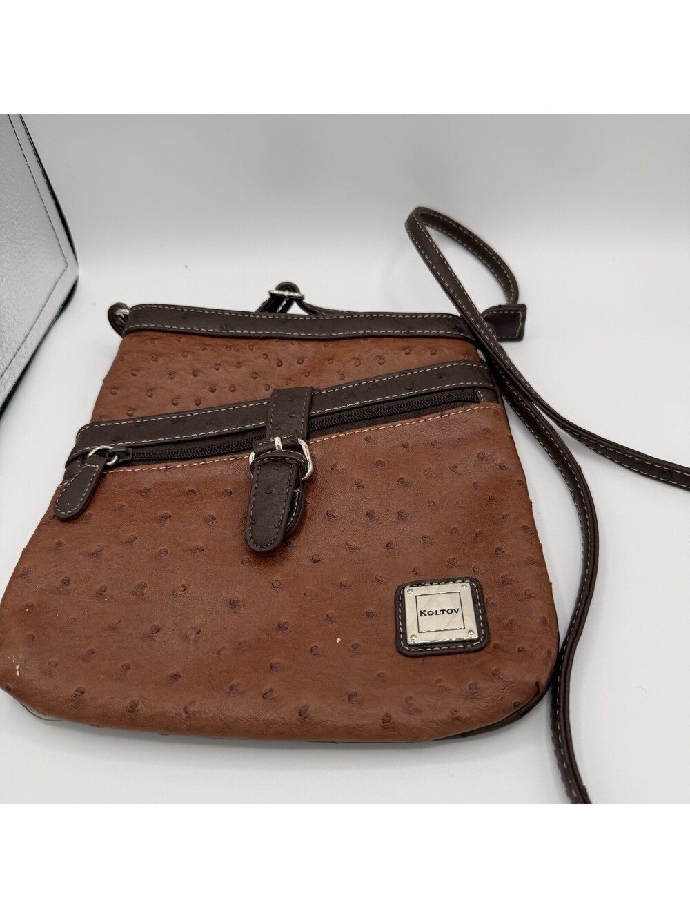 Koltov Crossbody Purse Vinyl 9 X 9 Inches Brown Ostrich Design